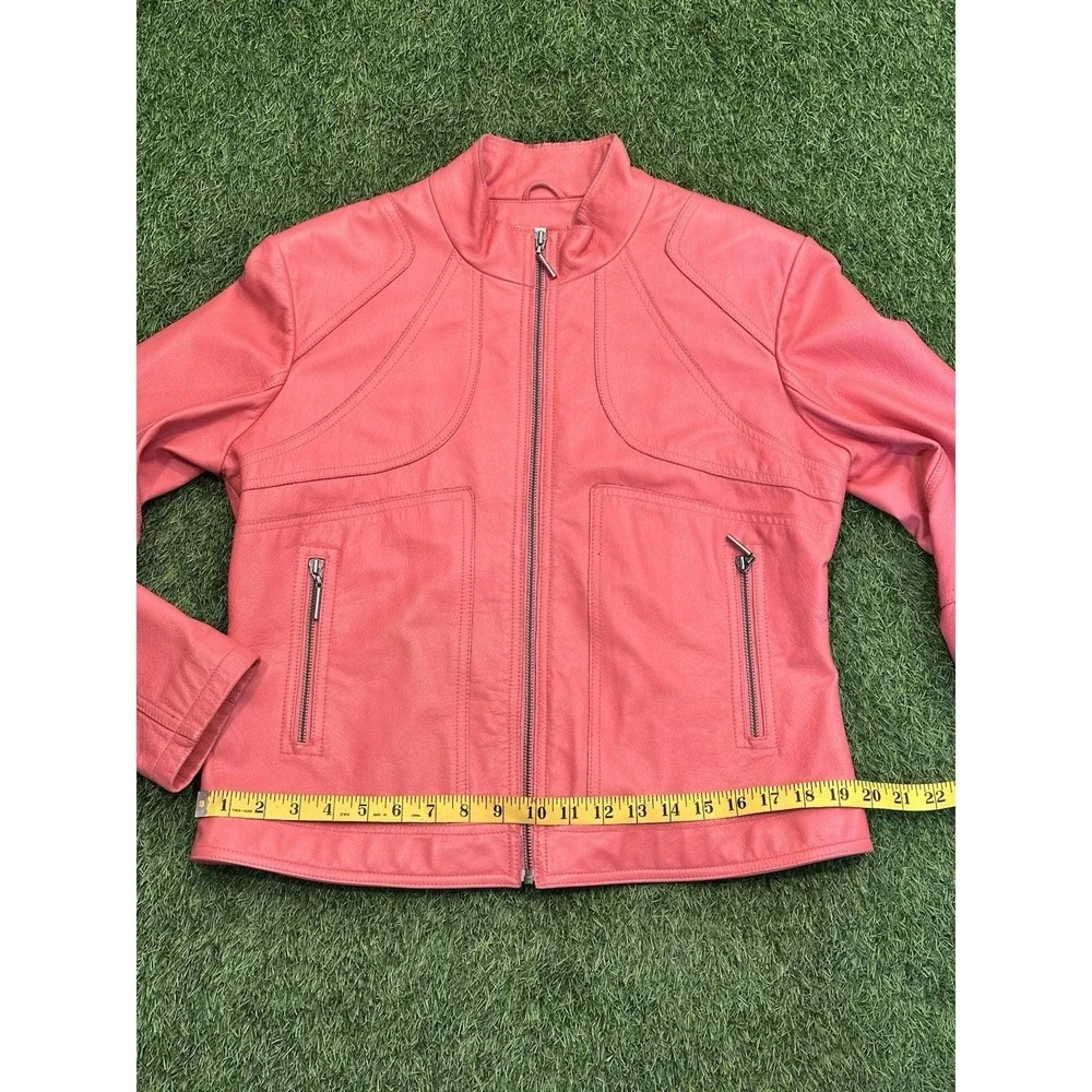 Wilsons Leather Maxima Moto Jacket‎ Womens Large Orange Biker Collarless Zip Up
